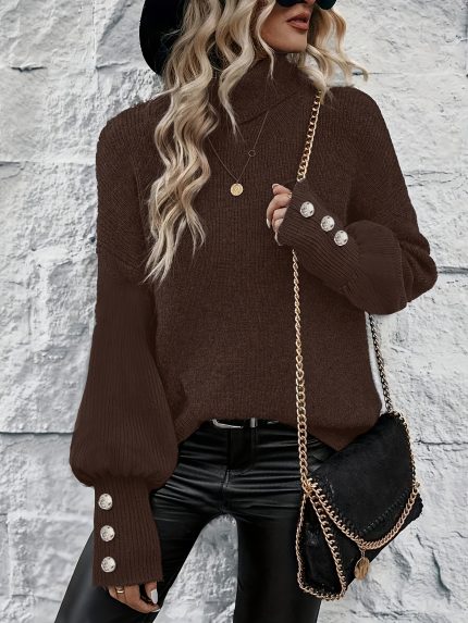 Autumn-Winter Women's Fashion Elegant High Neck Ribbed Sweater with Studded Buttons