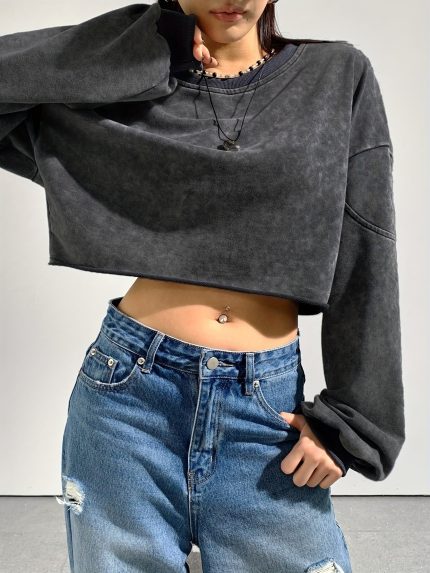 Women's Solid Color Round Neck Loose Fit Short Washed Sweatshirt, Long Sleeve Top